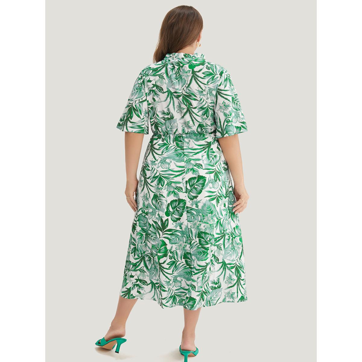 Plus Size Plant Print Pocket Keyhole Tie Neck Frill Trim Flutter Dress Green Women Vacation V-neck Half Sleeve Curvy Midi Dress BloomChic 10/M Product Image