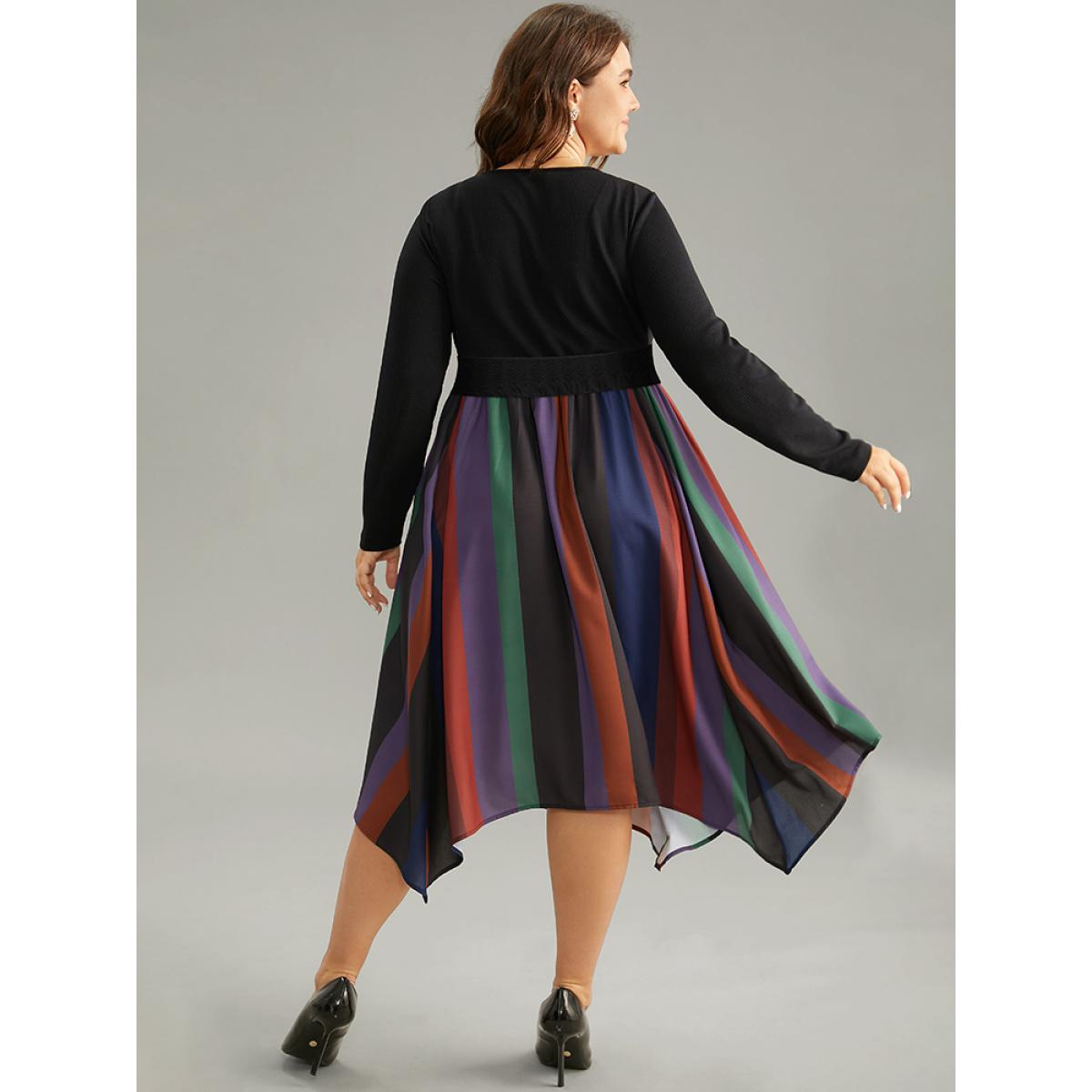 Plus Size Striped Colorblock Contrast Pocket Elastic Waist Dress Multicolor Women Office Patchwork Round Neck Long Sleeve Curvy Midi Dress BloomChic 26/4X Product Image