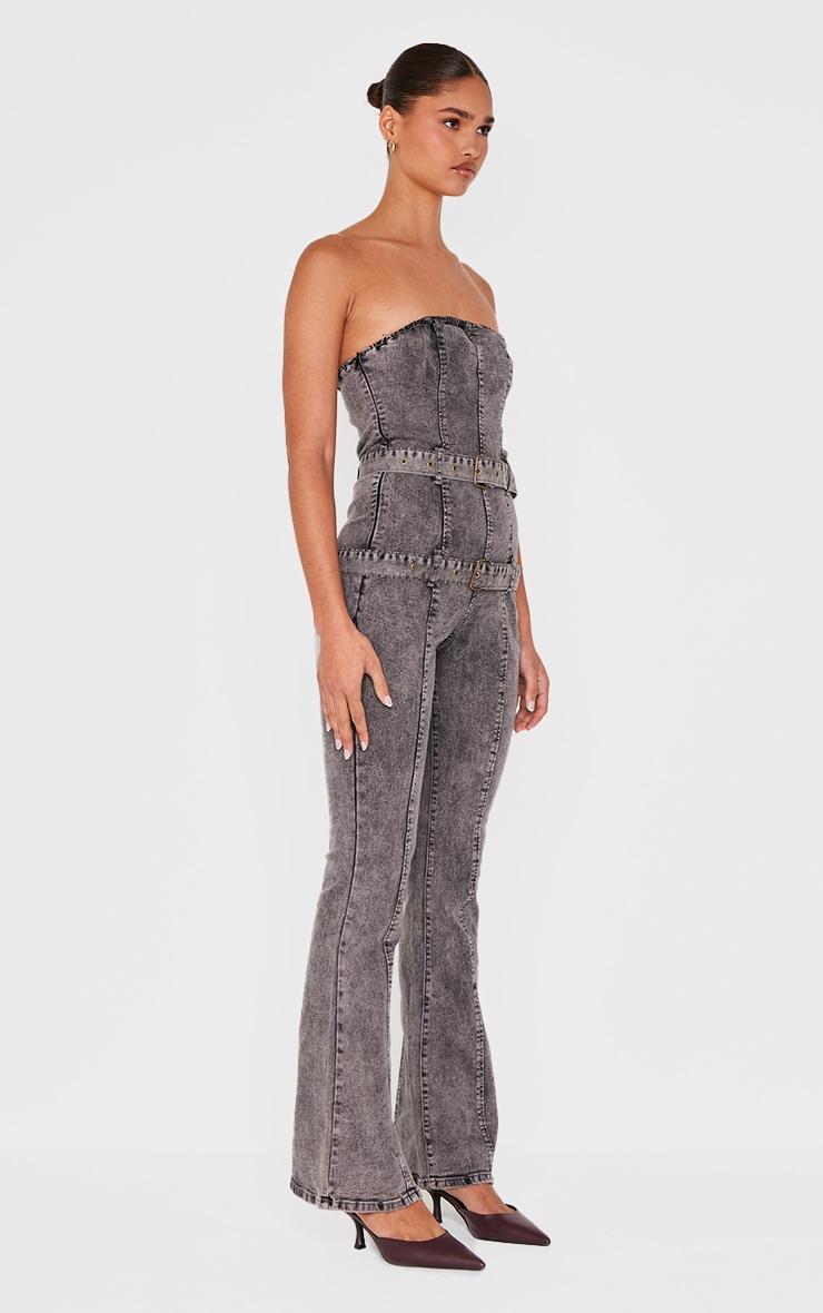 Washed Grey Buckle Detail Straight Leg Denim Jumpsuit Product Image