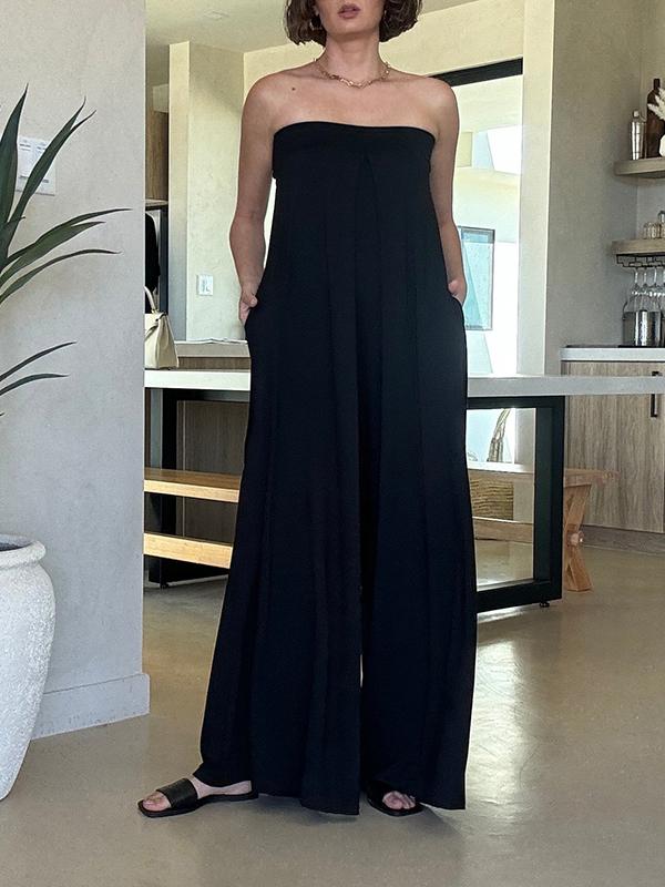 Sleeveless Wide Leg Elasticity Hollow Pleated Solid Color Tube Jumpsuits Product Image