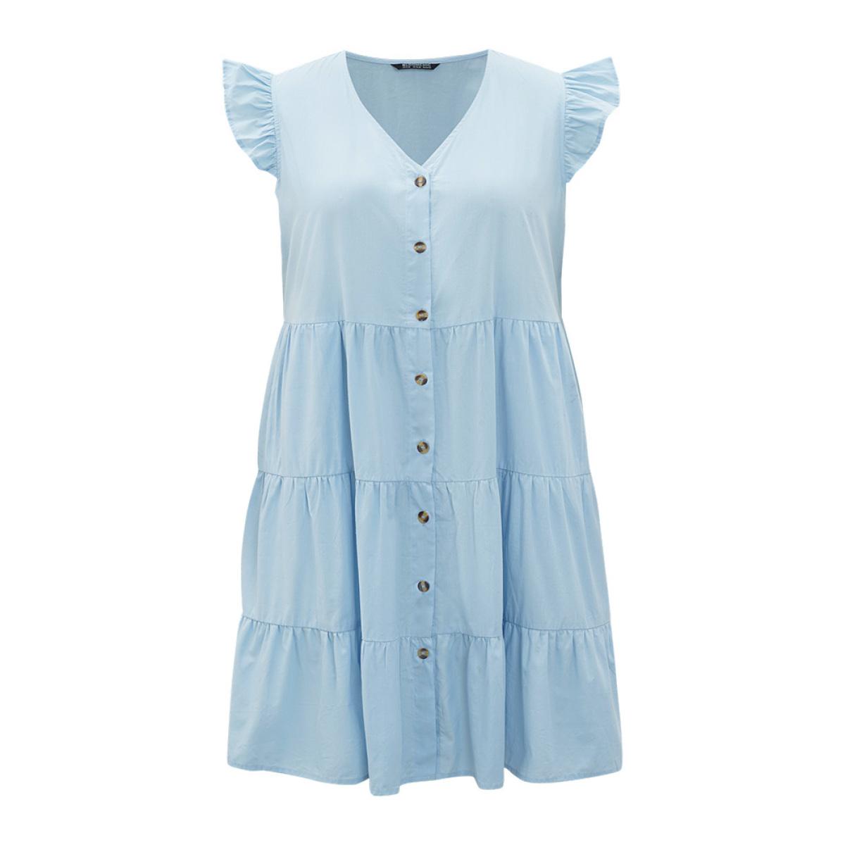 Plus Size Plain Button Through Ruffle Layered Hem Cap Sleeve Dress LightBlue Women Vacation Button V-neck Cap Sleeve Curvy Knee Dress BloomChic 18-20/2X Product Image