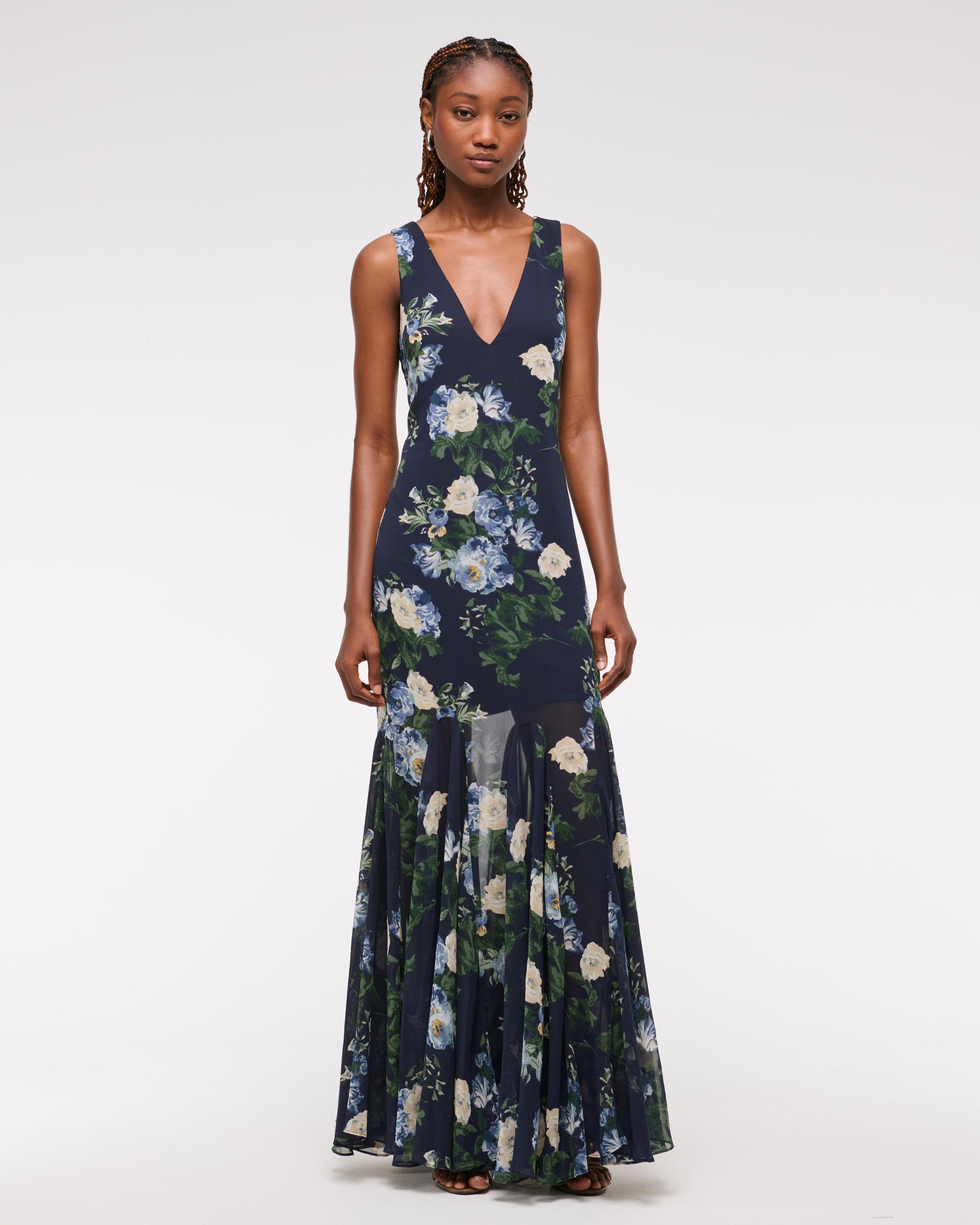 Plunge Godet Skirt Maxi Dress Product Image