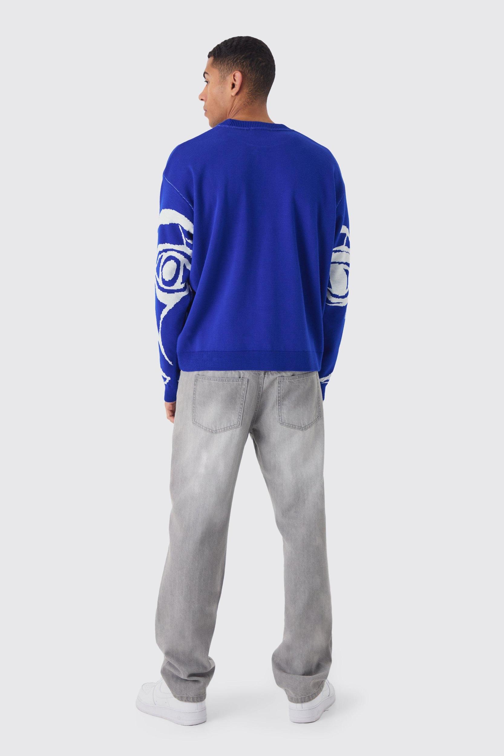 Oversized Boxy Abstract Line Face Knitted Sweater | boohooMAN USA Product Image