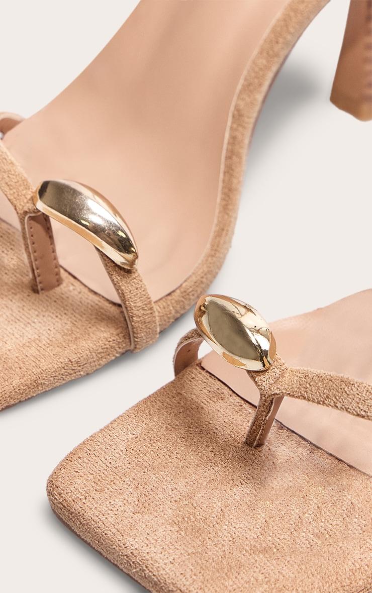 Tan Faux Suede Square Toe Gold Trim Mid Stiletto Heeled Sandals Product Image