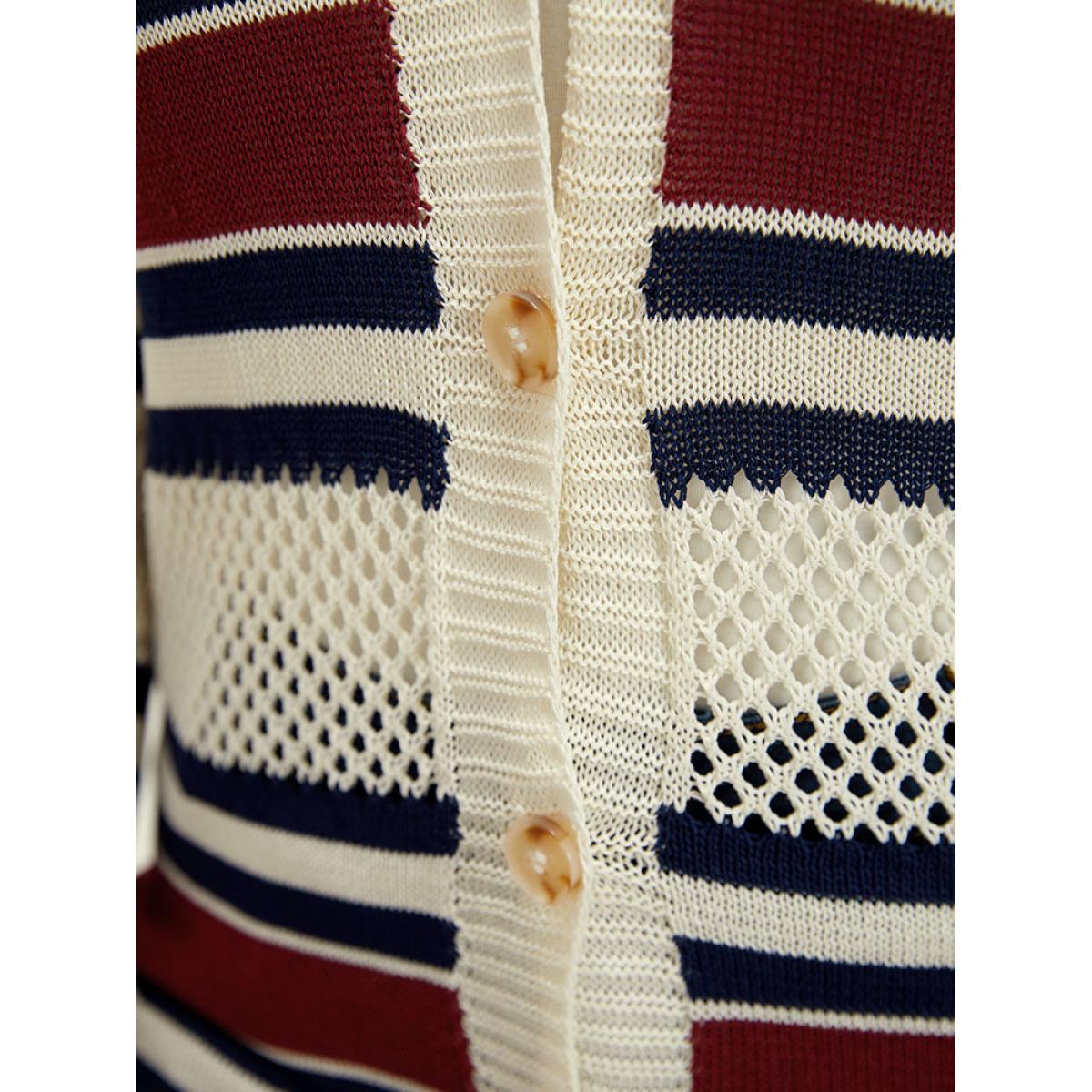 Plus Size Striped Hollow Out Patchwork Button Detail Cardigan Beige Women Casual Loose Long Sleeve Everyday Cardigans BloomChic 14-16/1X Product Image