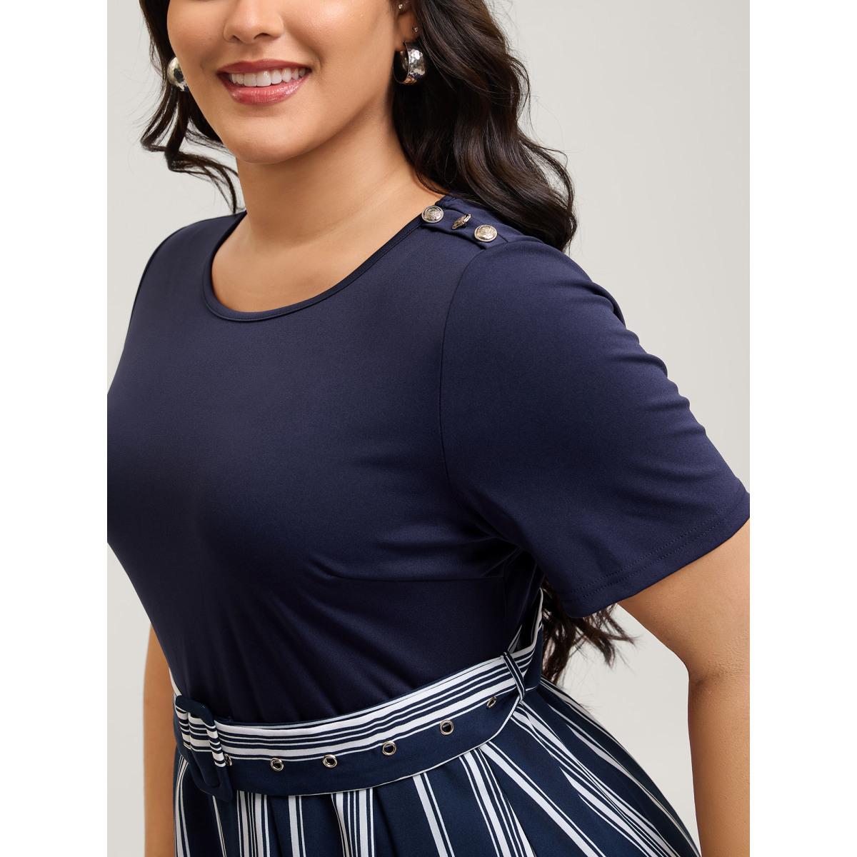 Plus Size Striped Contrast Print Waist-Cinched Midi Dress DarkBlue Women Office Round Neck Short sleeve Curvy BloomChic 28/5X Product Image