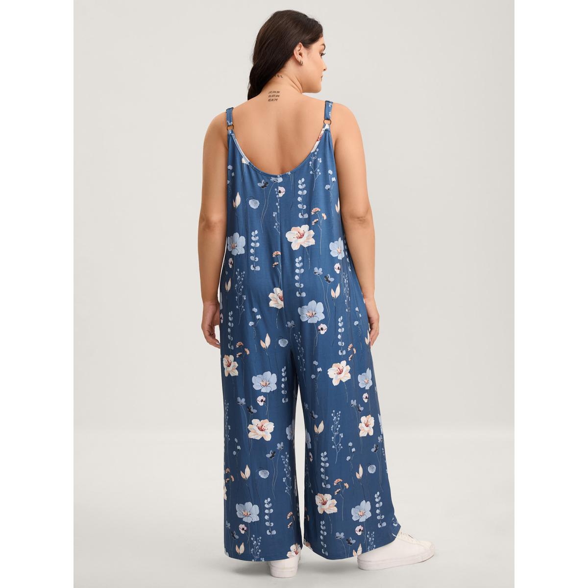 Plus Size Mediumblue Stretchy Lined Floral Print Cami Jumpsuit Women Leisure Sleeveless V-neck Casual Loose Jumpsuits BloomChic 12/L Product Image