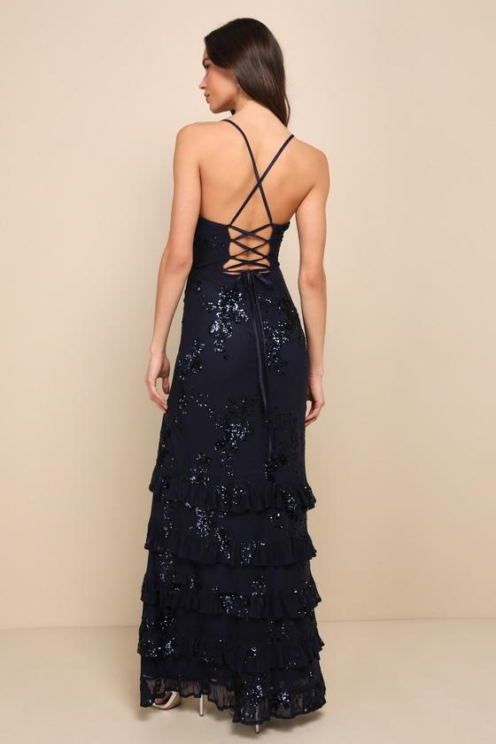 Valhalla Navy Blue Sequin Lace-Up Tiered Maxi Dress Product Image