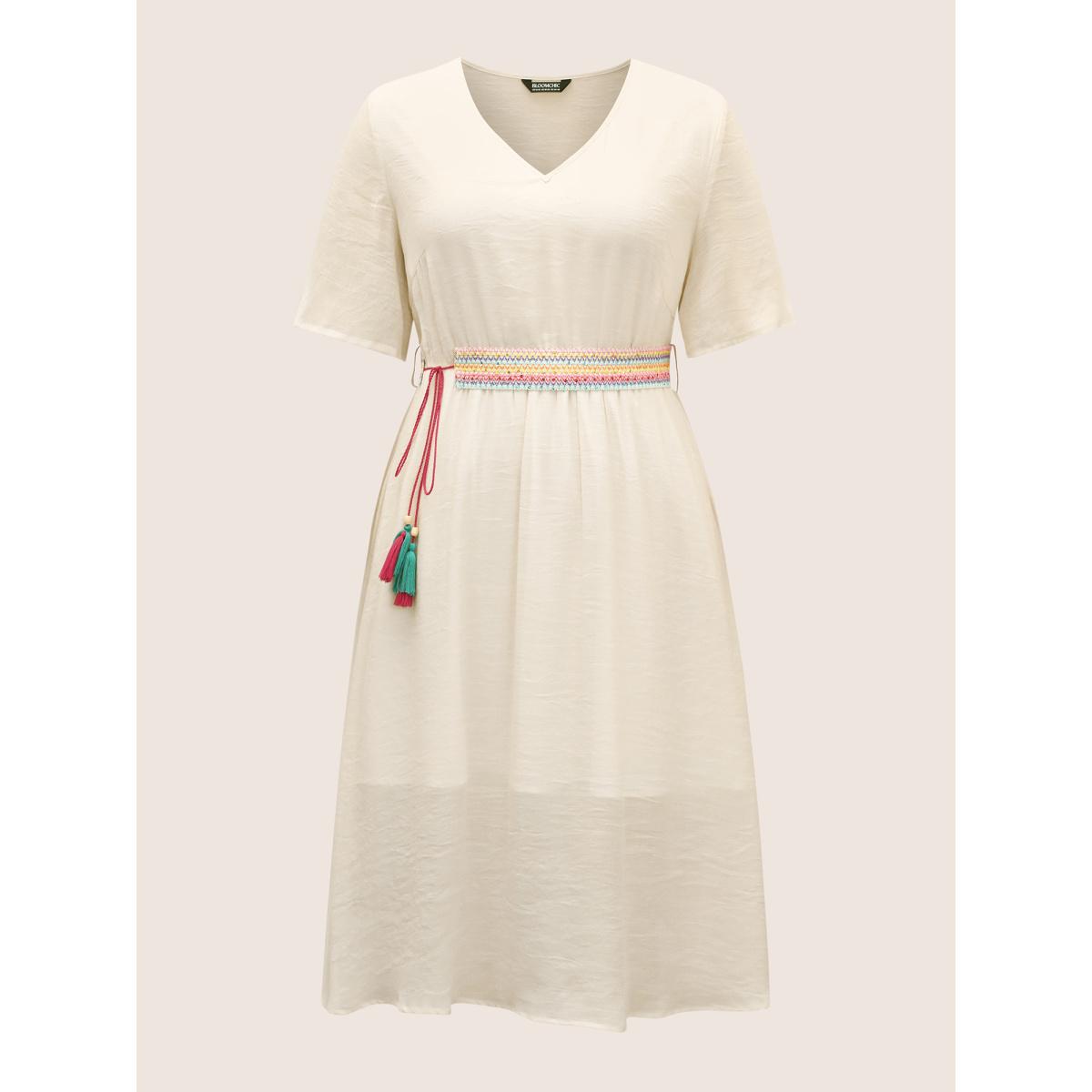 Plus Size V Neck Tassel Trim Mesh Midi Dress Originalwhite Women Resort V-neck Half Sleeve Curvy BloomChic 12/L Product Image