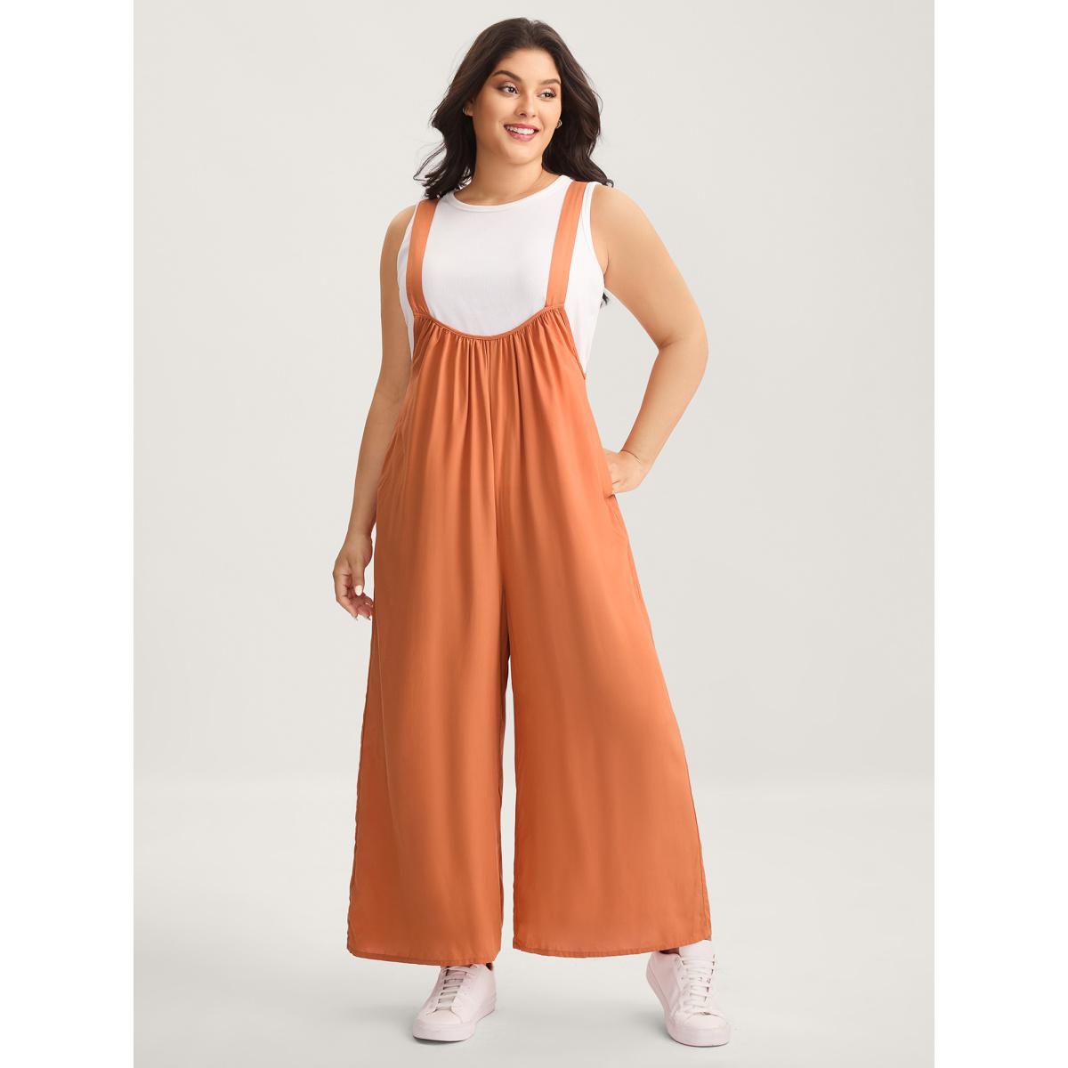 Plus Size OrangeRed Rayon Backless Adjustable Straps Jumpsuit Women Sleeveless Non Everyday-Casual Loose Jumpsuits BloomChic 30/6X Product Image