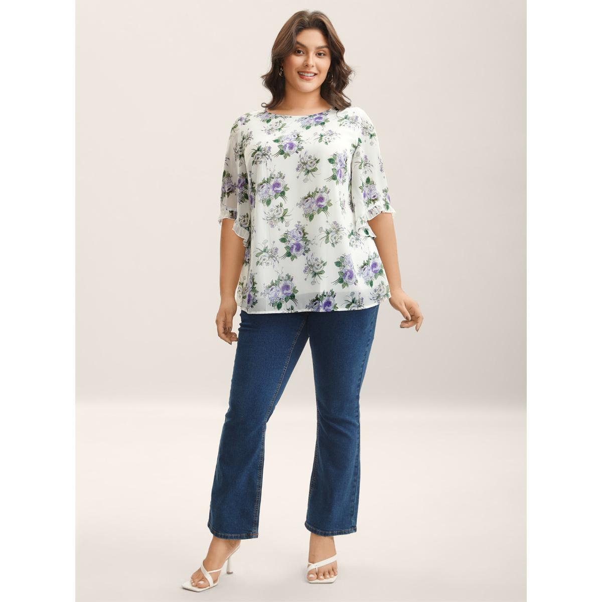 Plus Size Originalwhite Chiffon Floral Ruffled Edges Shirt Women Elegant Elbow-length sleeve Round Neck Everyday Blouses BloomChic 10/M Product Image