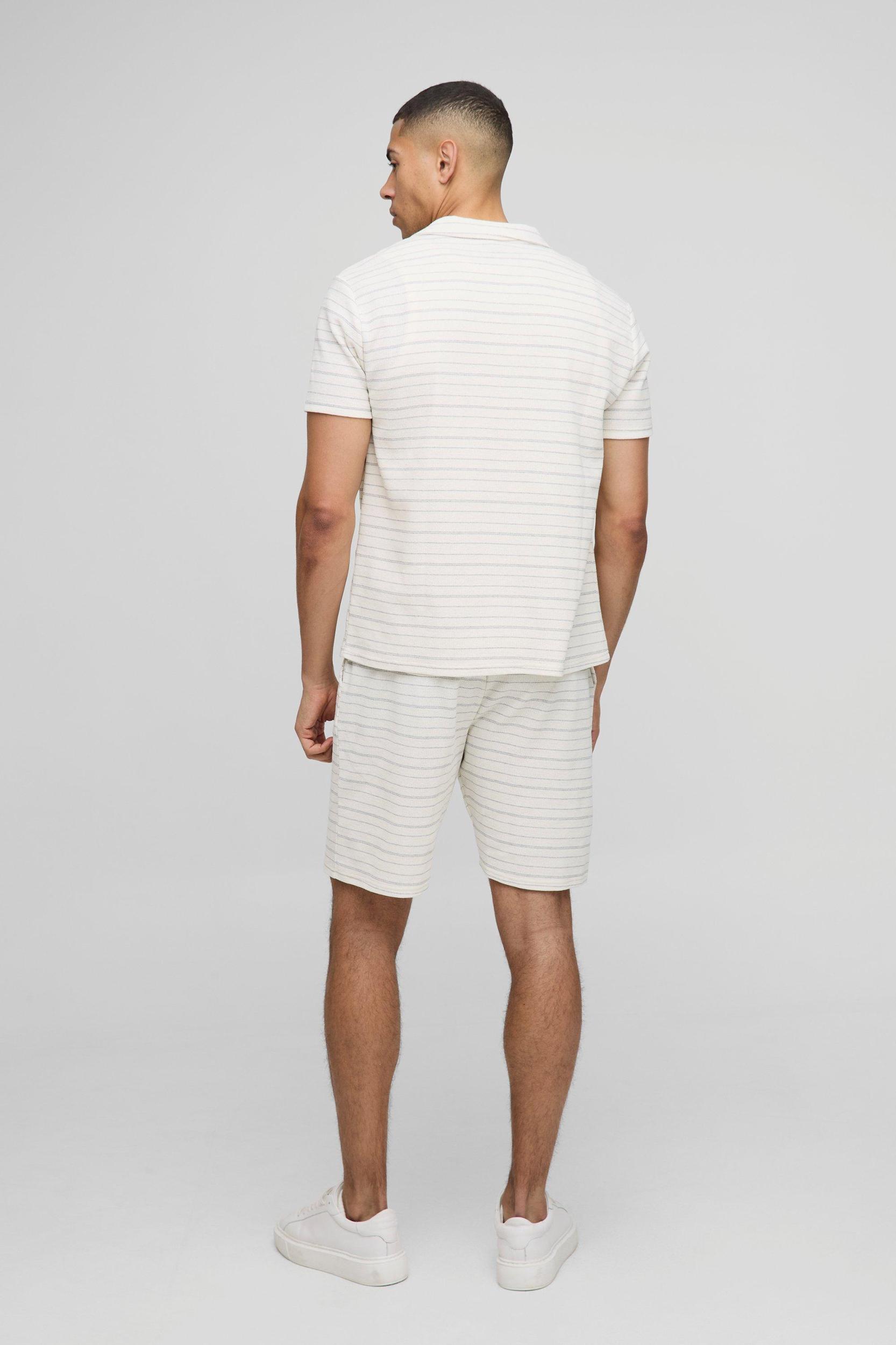 Waffle Textured Stripe Revere Collar Jersey Shirt and Shorts Set | boohooMAN USA Product Image