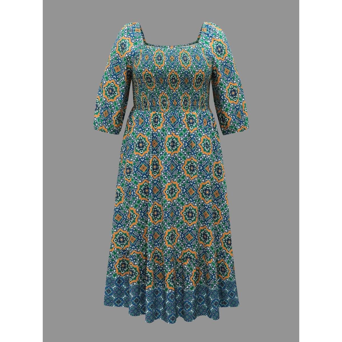 Plus Size Ornate Print Shirred Stretchy Waist Midi Dress Emerald Women Resort Shirred Square Neck Elbow-length sleeve Curvy BloomChic 22-24/3X Product Image