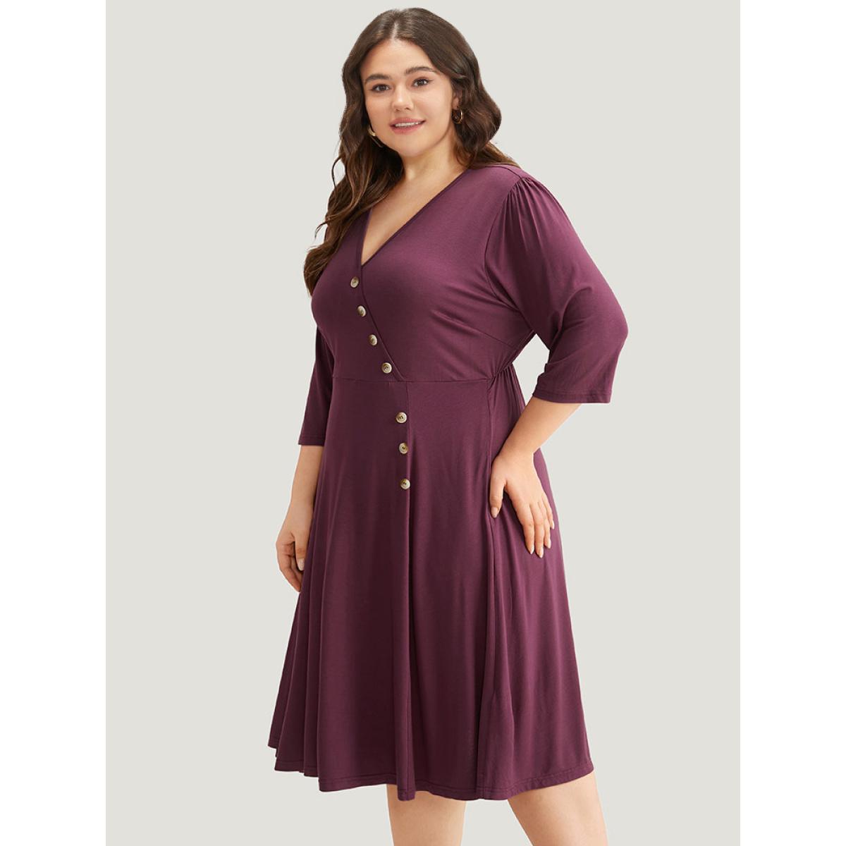 Plus Size Asymmetrical Button Detail Ruffle Hem Dress Purple Women Office Plain V-neck Elbow-length sleeve Curvy Midi Dress BloomChic 26/4X Product Image