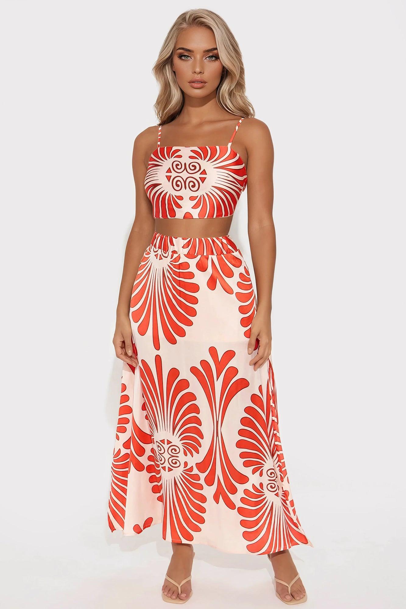 Mabel Satin Skirt Set - Red/combo Product Image