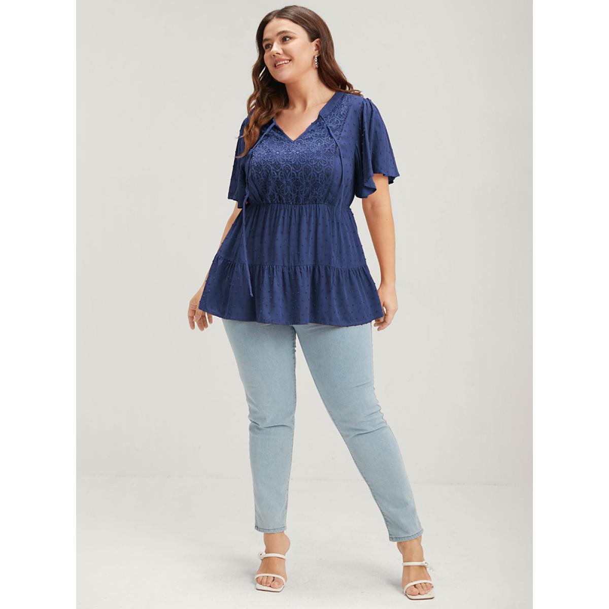 Plus Size DarkBlue Plain Crochet Lace Embroidered Ruffles Ties Neck Blouse Women Elegant Short sleeve V-neck Dailywear Blouses BloomChic 10/M Product Image