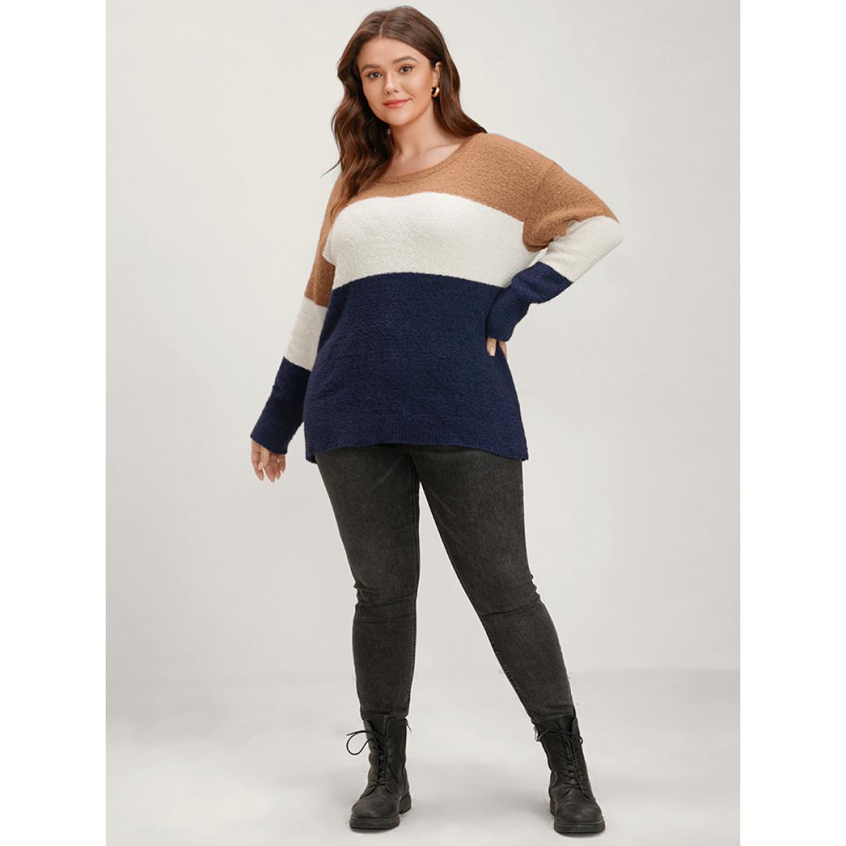 Plus Size Colorblock Contrast Super Soft Knit Round Neck Knit Top Multicolor Women Casual Loose Long Sleeve Dailywear Pullovers BloomChic 12/L Product Image