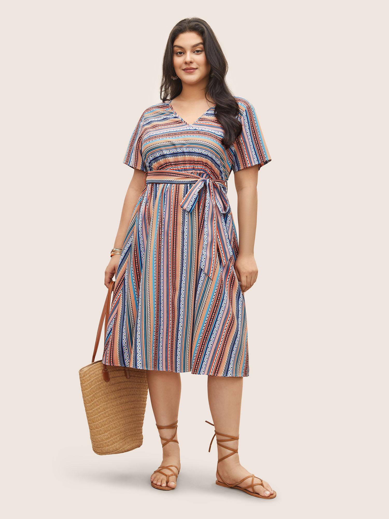 Plus Size Bandana Striped Belted Pocket Dress Orange Women Resort Non V-neck Short sleeve Curvy Midi Dress BloomChic 12/L Product Image