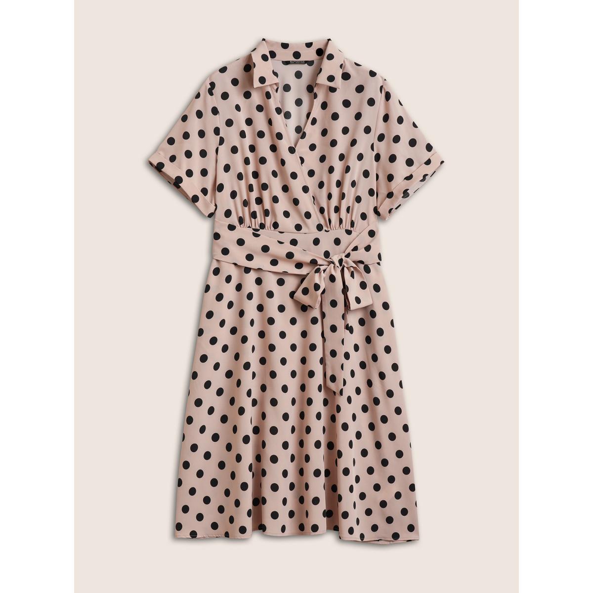 Plus Size Polka Dot Elastic Waist Ties Pocket Dress Pink Women At the Office Non Lapel Collar Short sleeve Curvy Midi Dress BloomChic 30/6X Product Image