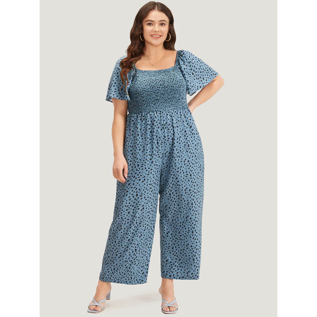 Plus Size DarkBlue Leopard Print Square Neck Shirred Flutter Sleeve Jumpsuit Women Elegant Short sleeve Square Neck Dailywear Loose Jumpsuits BloomChic 12/L Product Image