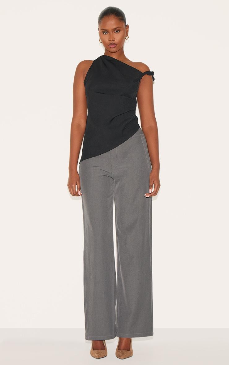 Black Woven Asymmetric Hem Ruched Long Top Product Image