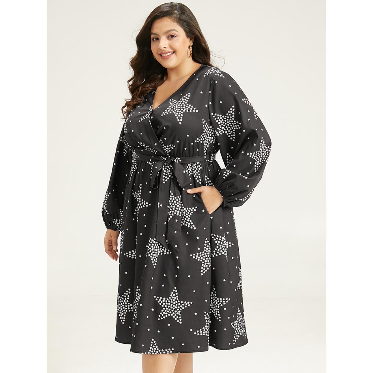 Plus Size Star Print Wrap Belted Lantern Sleeve Dress Black Women Casual Elastic cuffs V-neck Long Sleeve Curvy Midi Dress BloomChic 30/6X Product Image