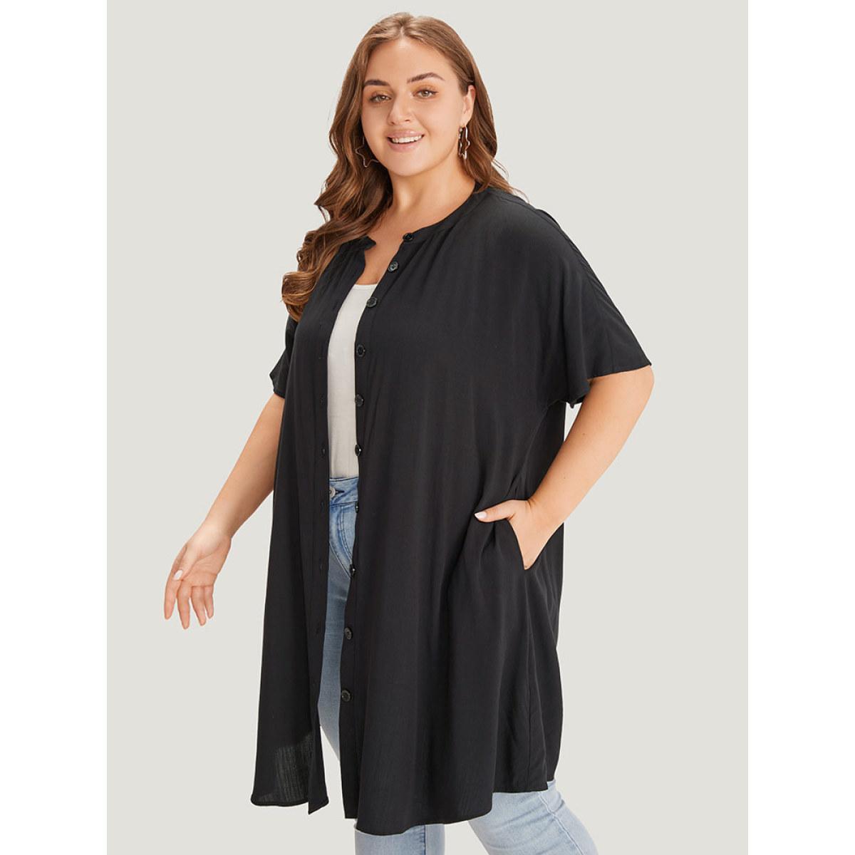 Plus Size Supersoft Essentials Plain Button Through Dolman Sleeve Ruffle Hem Kimono Women Black Casual Plain Pocket Dailywear Kimonos BloomChic 18-20/2X Product Image