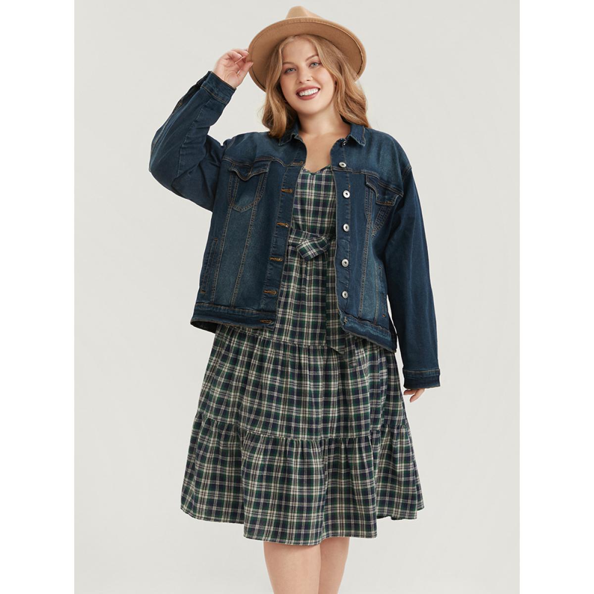 Plus Size Tartan Pocket Belted Lantern Sleeve Ruffle Tiered Dress Emerald Women Casual V-neck Long Sleeve Curvy Midi Dress BloomChic 28/5X Product Image