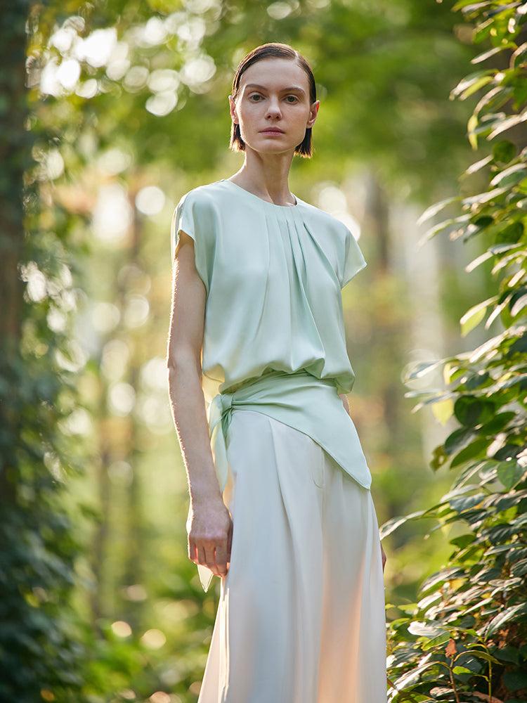 22 Momme Mulberry Silk Round Neck Ruched Women Blouse Product Image