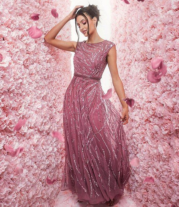 Mac Duggal Sequin Illusion Boat Neck Cap Sleeve A-Line Gown Product Image