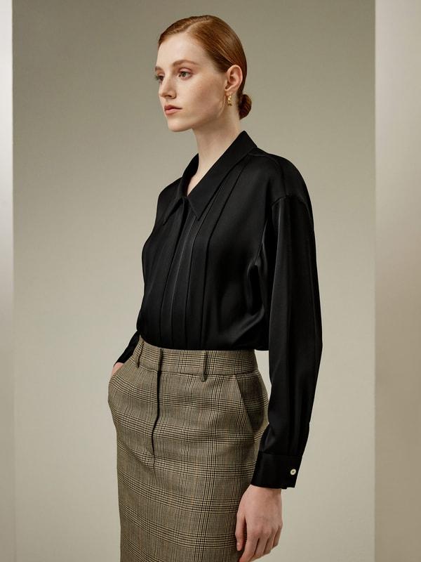 Pleated Shirt-Collar Silk Blouse Product Image