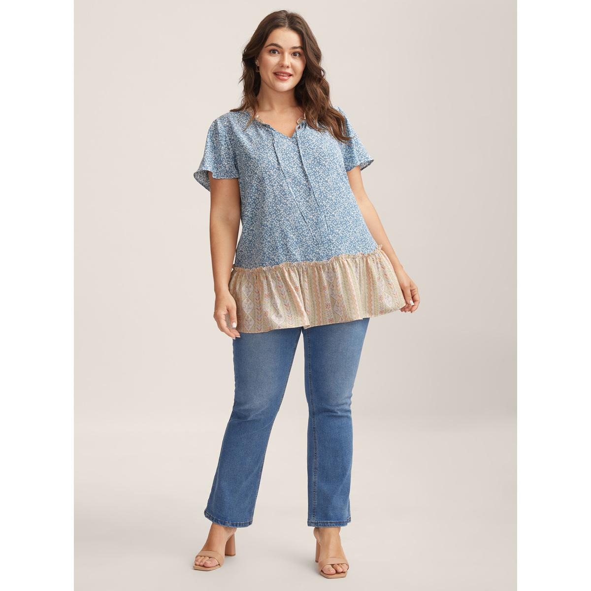 Plus Size LightBlue Ruffled Neck Tie Floral Print Blouse Women Short sleeve Notched collar Everyday-Elegant Blouses BloomChic 18-20/2X Product Image