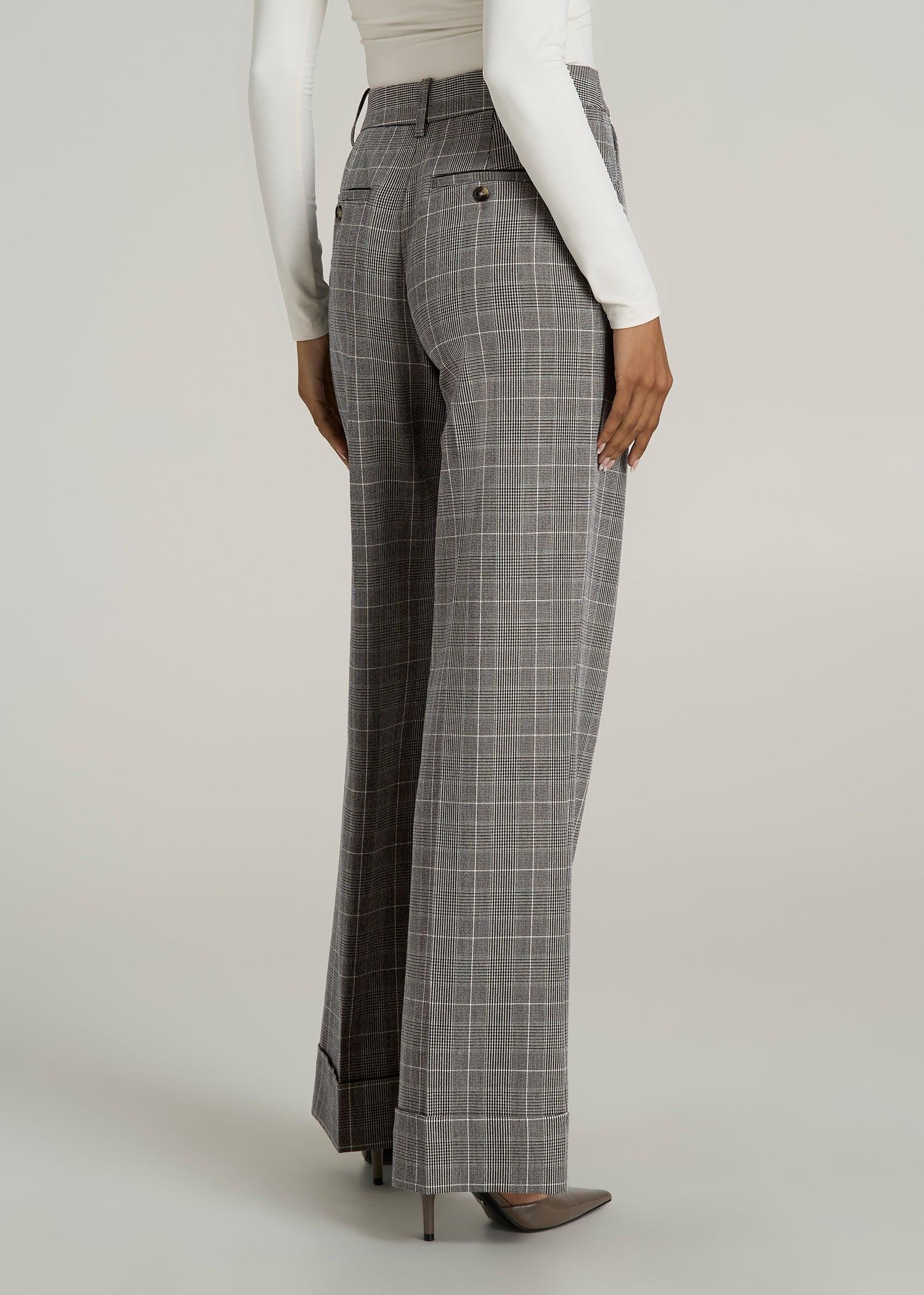 Wide-Leg Cuffed Pants for Tall Women in Navy Houndstooth with Teal Female Product Image