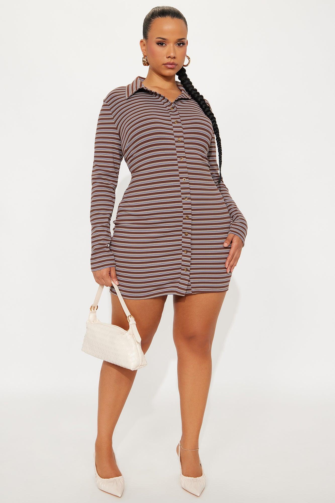 Autumn Striped Shirt Mini Dress - Brown/combo Female Product Image