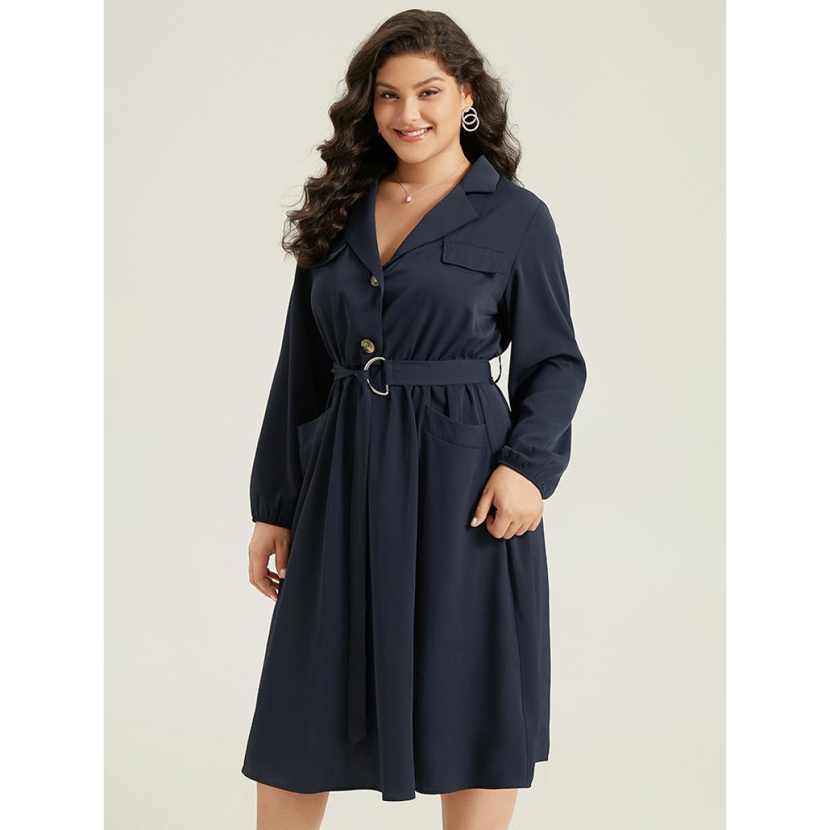 Plus Size Anti-Wrinkle Suit Collar Pocket Belted Shirt Dress Navy Women At the Office Gathered Suit Collar Long Sleeve Curvy Midi Dress BloomChic 10/M Product Image
