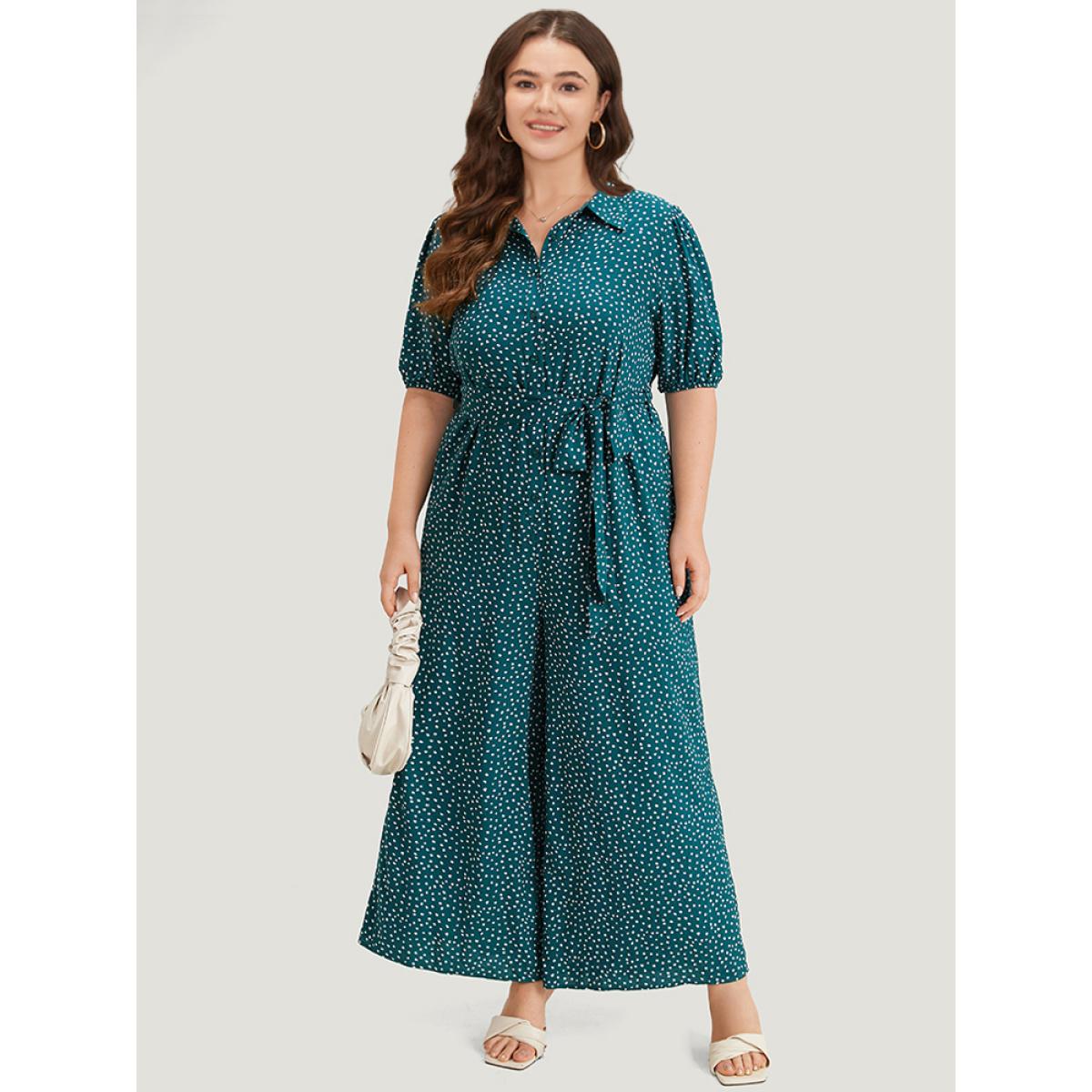 Plus Size Emerald Polka Dot Belted Puff Sleeve Shirt Collar Jumpsuit Women Office Short sleeve Shirt collar Work Loose Jumpsuits BloomChic 26/4X Product Image