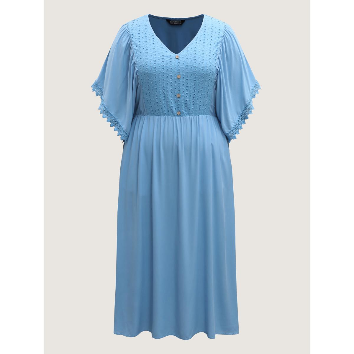 Plus Size Eyelet Trim Stretchy Flowy Sleeve Midi Dress Skyblue Women V-neck Short sleeve Curvy BloomChic 14-16/1X Product Image