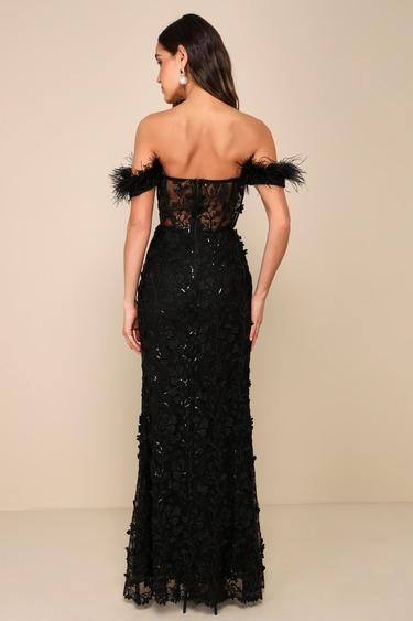 Midnight Sparkle Black Embroidered Feather Bustier Maxi Dress Product Image