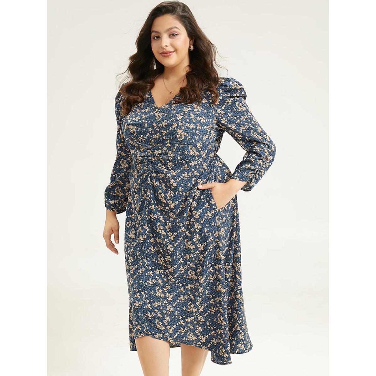 Plus Size Ditsy Floral Ruched Puff Sleeve Dress Aegean Women Elegant Printed V-neck Elbow-length sleeve Curvy Midi Dress BloomChic 28/5X Product Image