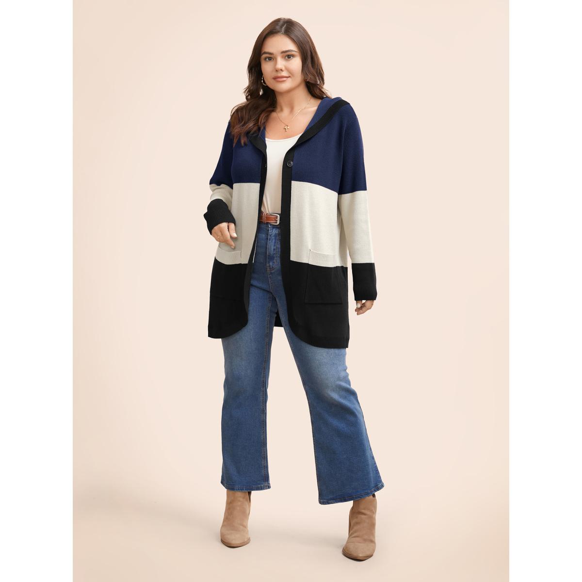 Plus Size Colorblock Contrast Patched Pocket Hooded Cardigan Navy Women Leisure Loose Long Sleeve Casual Cardigans BloomChic 26/4X Product Image