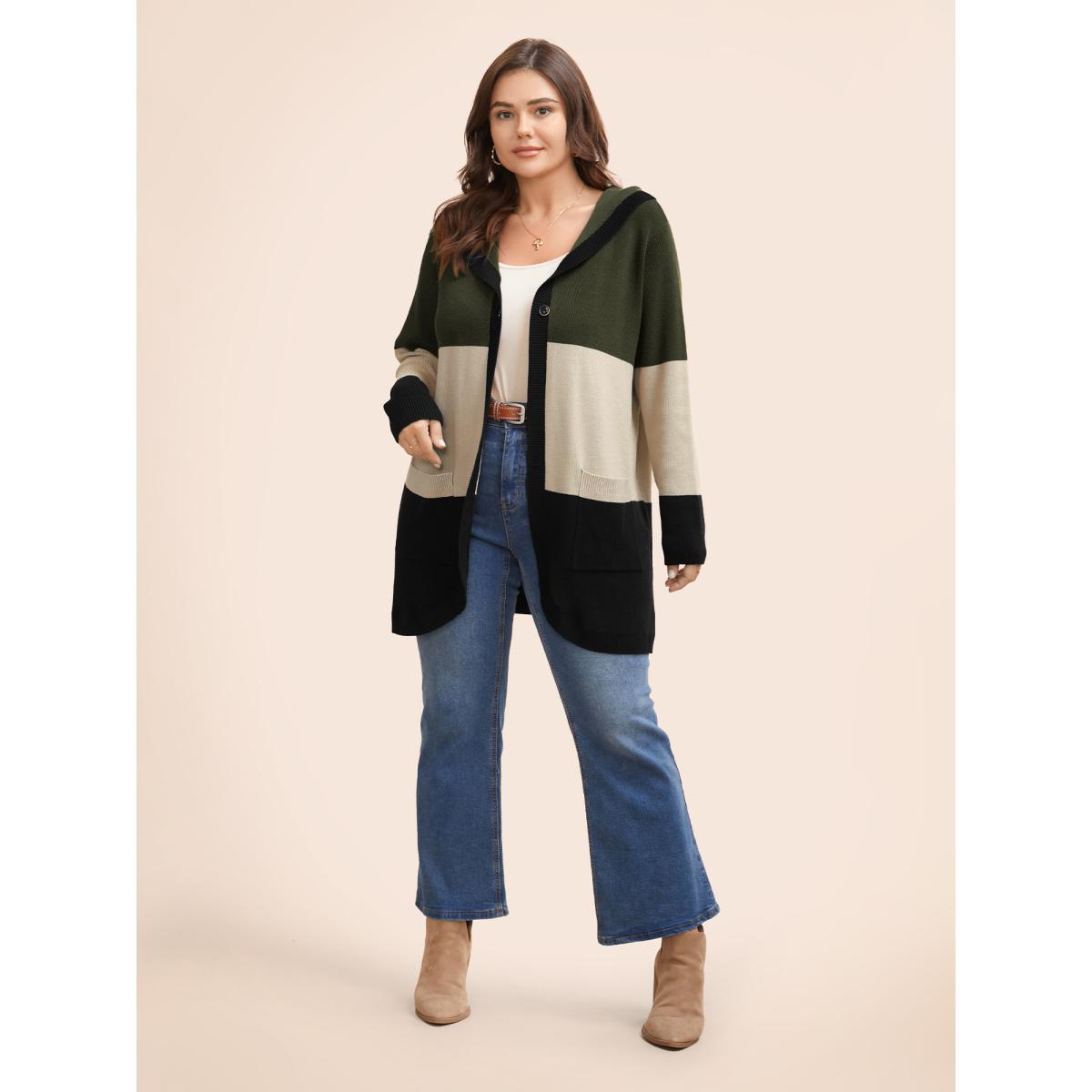Plus Size Colorblock Contrast Patched Pocket Hooded Cardigan Browncoffeecolor Women Leisure Loose Long Sleeve Casual Cardigans BloomChic 30/6X Product Image
