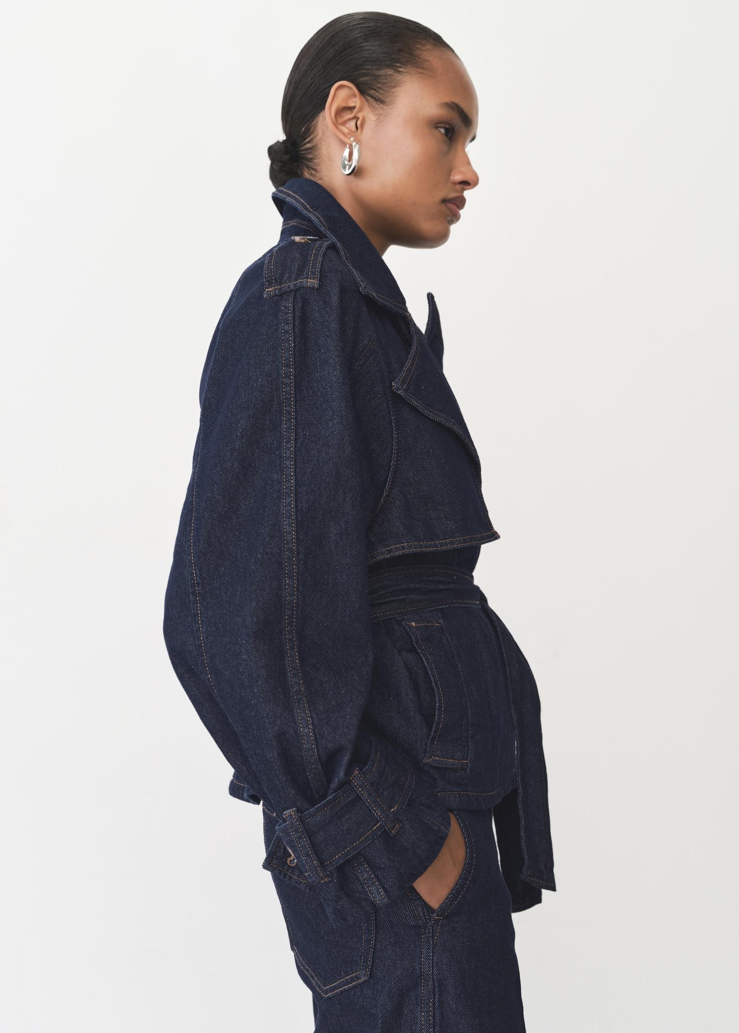 Short denim trench coat with belt - Women | MANGO USA Product Image
