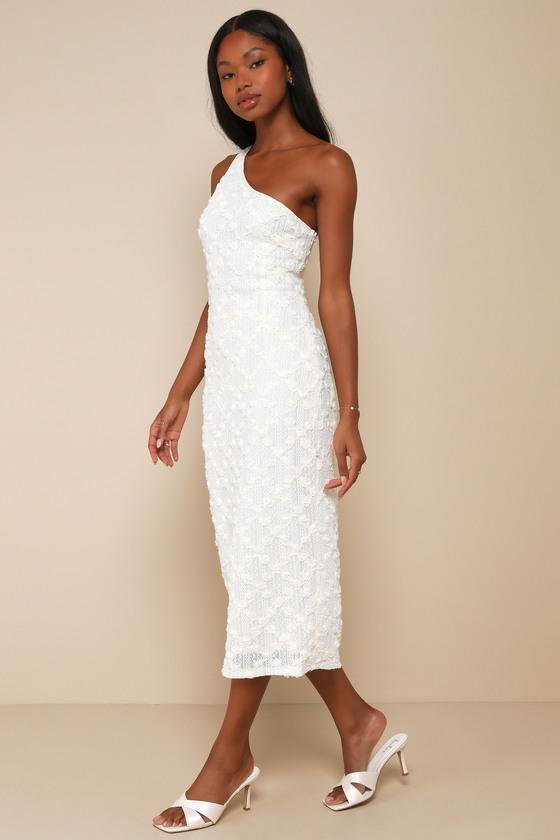 Truly Poised Ivory Textured 3D Floral One-Shoulder Midi Dress Product Image