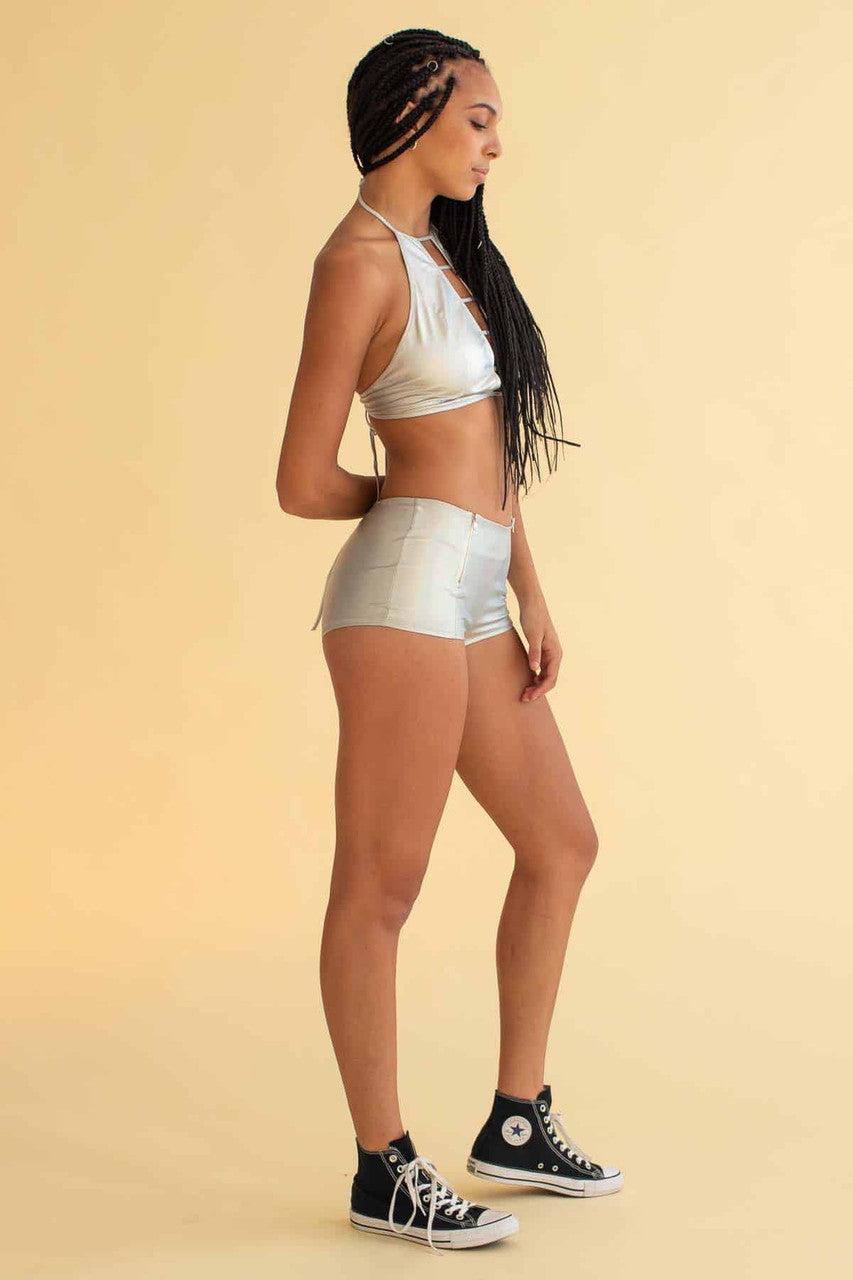Silver Holographic Zip Booty Shorts Product Image