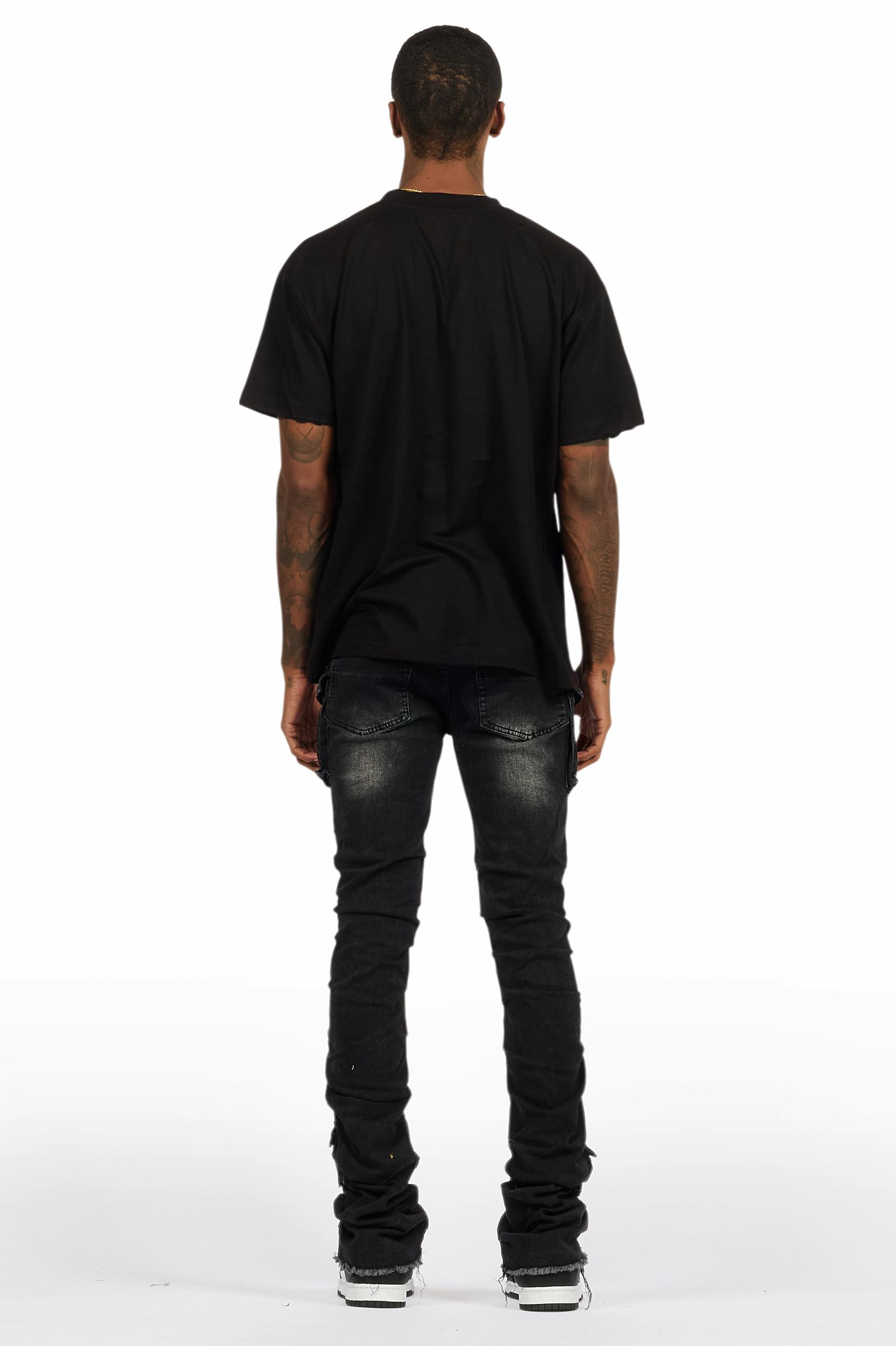 Amina Black Washed T-Shirt Stacked Flare Jean Set Male Product Image