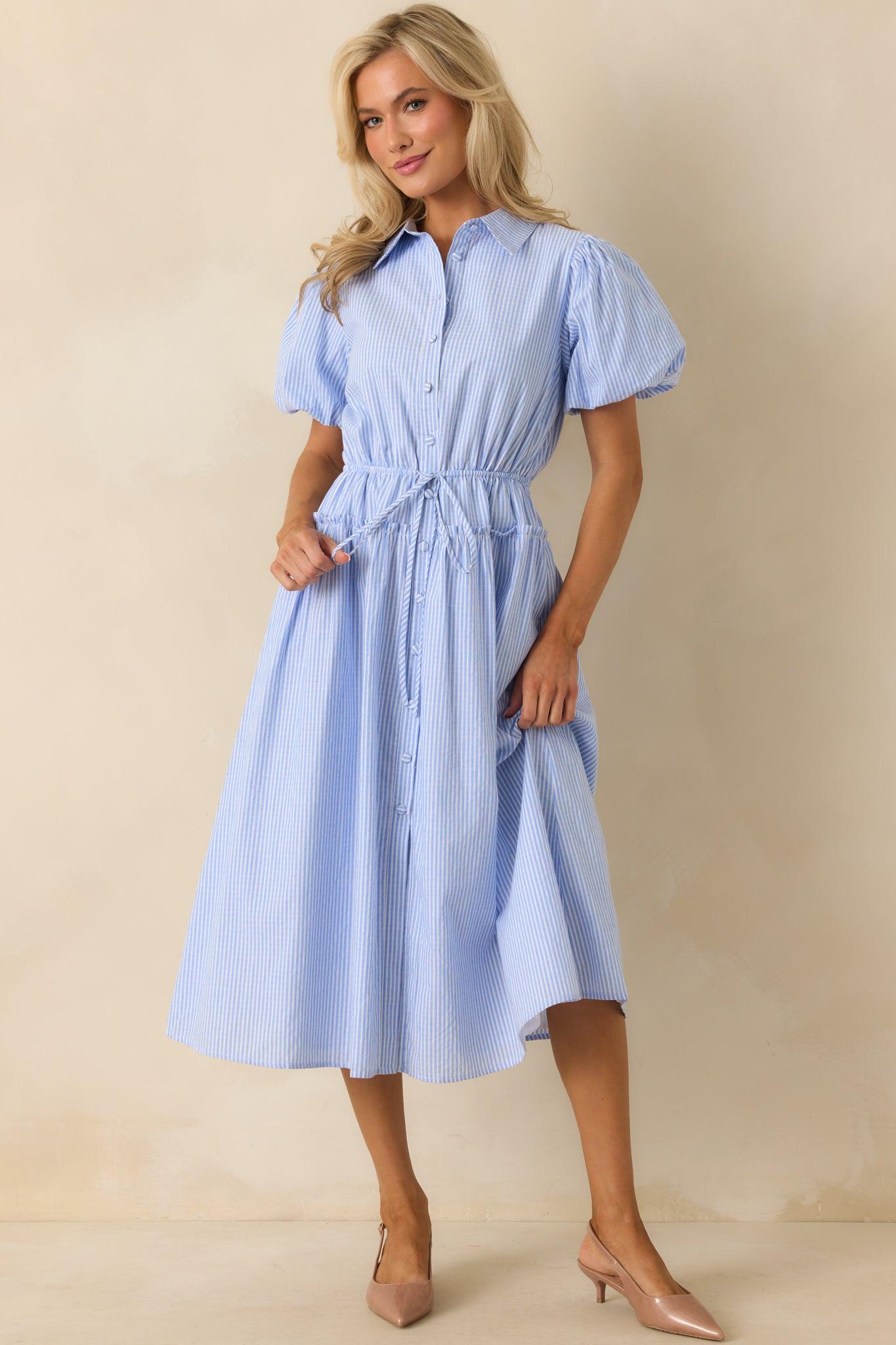 A Twist On Timeless Blue Stripe Rayon Maxi Shirt Dress Product Image