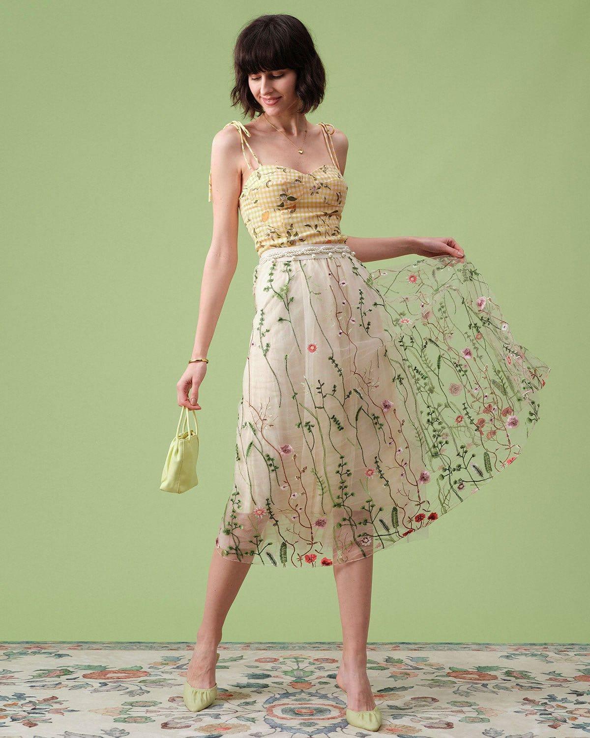 The High Waisted Floral Embroidery A-line Midi Skirt Female Product Image