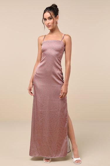 Prettiest Charm Brown Polka Dot Satin Lace-Up Maxi Dress Product Image