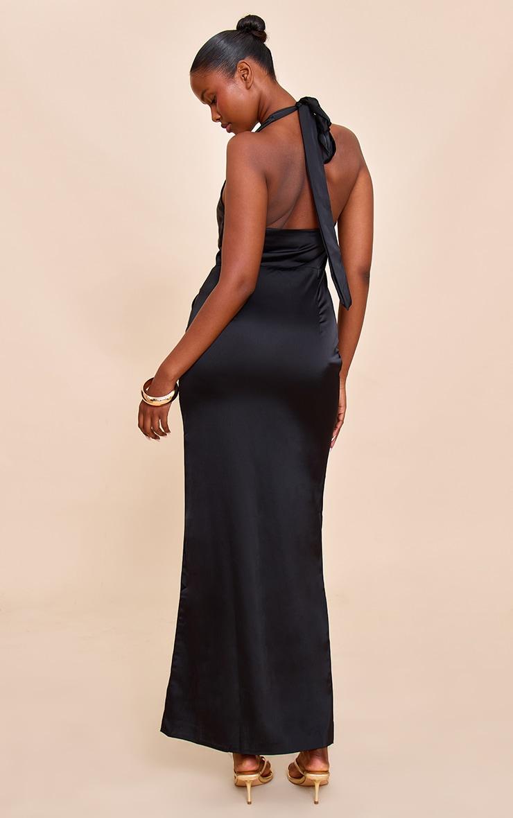 Black Bridesmaid Satin Twist Detail Halterneck Maxi Dress Product Image