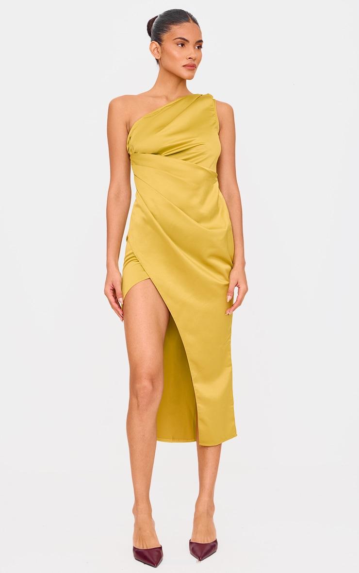 Olive Satin One Shoulder Pleat Detail Midi Dress Product Image